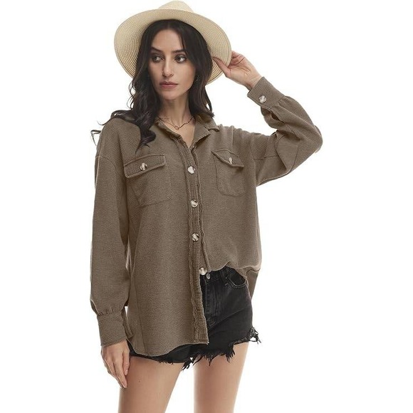 Yanekop Tops - Womens Lightweight Waffle Knit‎ Shacket Brown Oversized Button Down XL NWT
